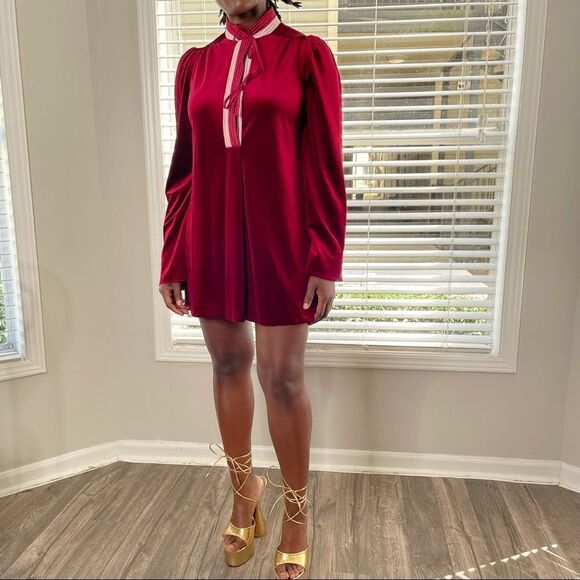 VINTAGE Barad & Co Velvet Velour Nightgown Tie Neck Puff Shoulder Mini Dress - Picture 3 of 16